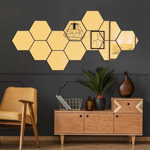 Modern 3D wall decor with hexagon geometric panels, warm LED wall art design, wooden console furniture and minimalist interior styling.