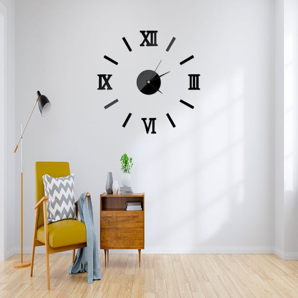 Acrylic Roman Strips wall clock with Roman numerals, displayed on a living room wall with a yellow chair and decor