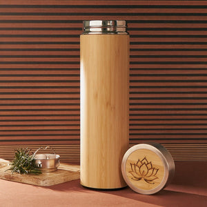 Bamboo Stainless Steel Tumbler with Lotus Engraving and Tea Infuser, Set on Wooden Tray