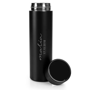 Black stainless steel thermos with custom engraving, showing the detailed engraving and sleek design.