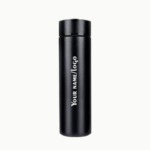 Black thermal bottle with a customizable logo space for branding.