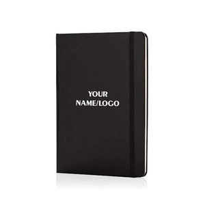 Black hardcover notebook with a customizable logo space.