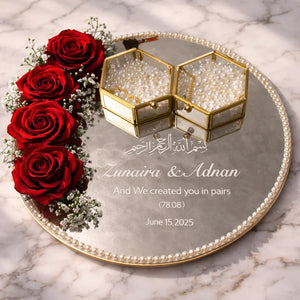Nikkah ring tray Pakistan - personalized mirror wedding ring tray pearl border Gift Studio