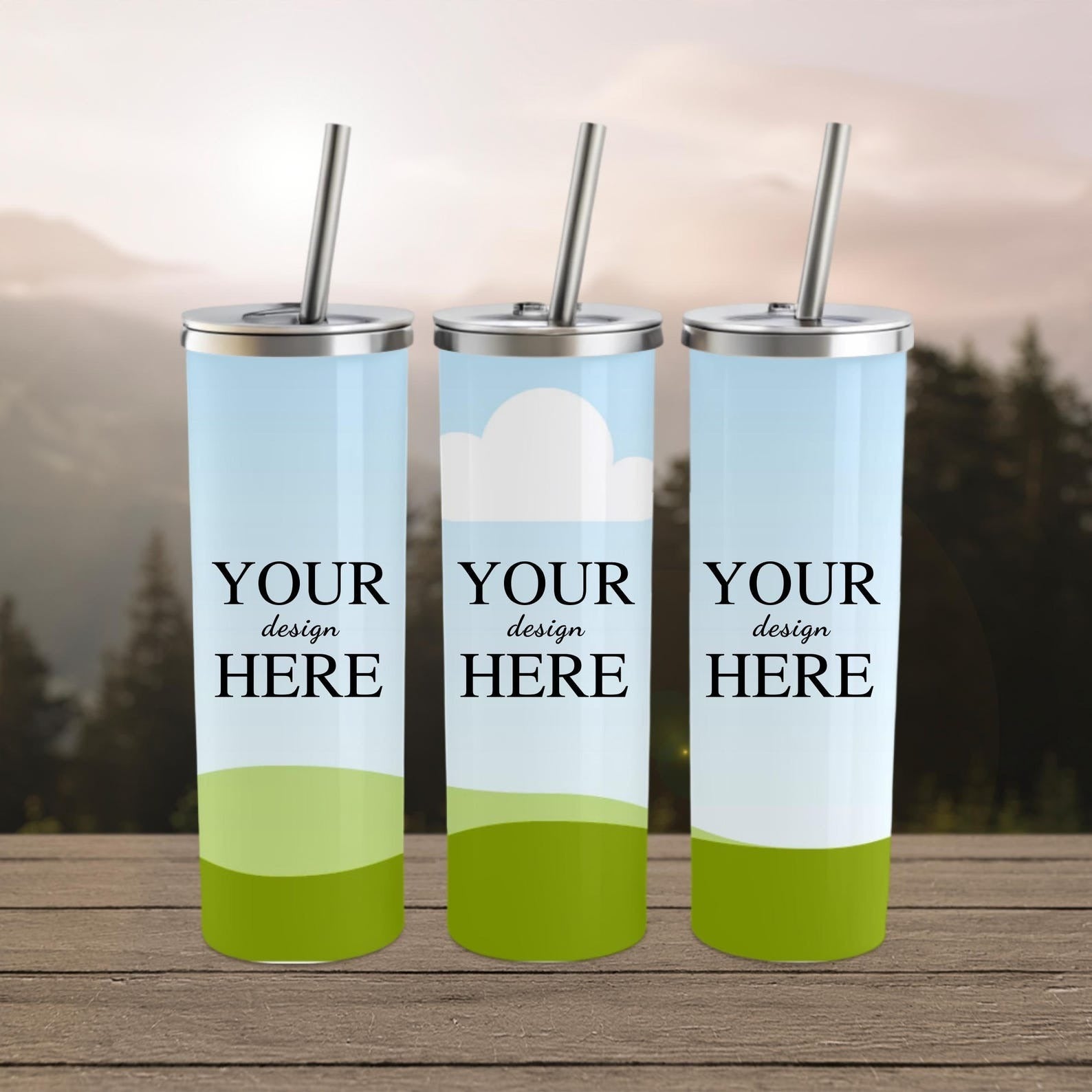 Three personalized tumblers showcasing placeholder text 'Your Design Here,' perfect for custom logos or messages.