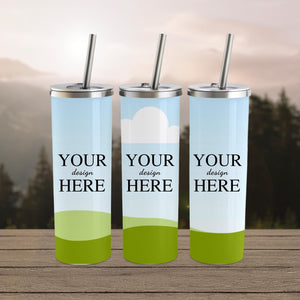Three personalized tumblers showcasing placeholder text 'Your Design Here,' perfect for custom logos or messages.