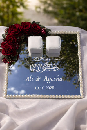 Personalized wedding ring tray Pakistan - mirror pearl floral nikkah tray Gift Studio