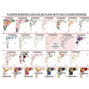 A variety of floral border designs displayed in a grid format, offering multiple corner styles for customization in printed or digital designs.
