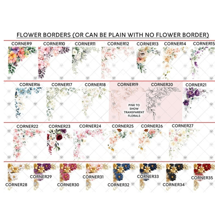 A variety of floral border designs displayed in a grid format, offering multiple corner styles for customization in printed or digital designs.