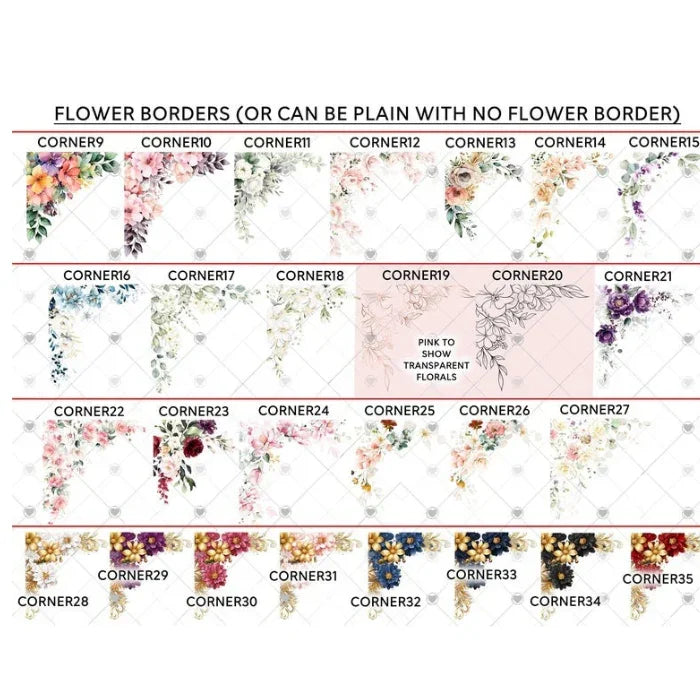 A variety of floral border designs displayed in a grid format, offering multiple corner styles for customization in printed or digital designs.