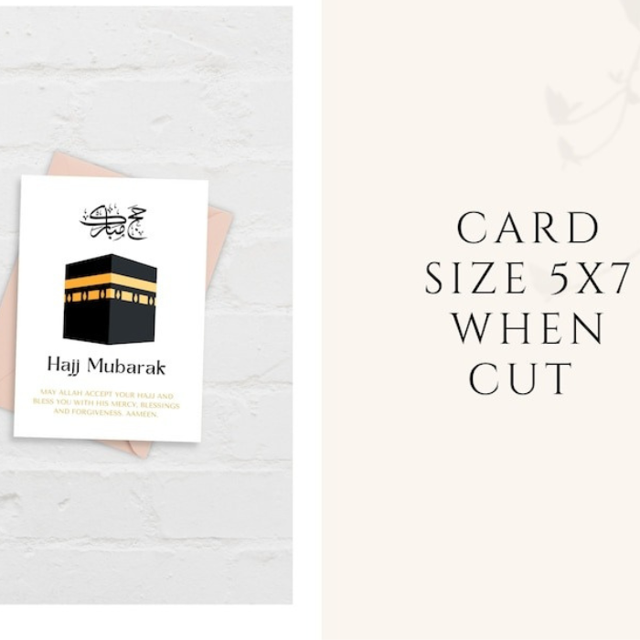 A printable Hajj Mubarak card displayed with an envelope, featuring an elegant Islamic design and Kaaba illustration. Ideal for celebrating the spiritual journey of Hajj.