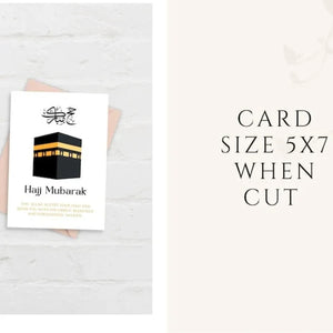 A printable Hajj Mubarak card displayed with an envelope, featuring an elegant Islamic design and Kaaba illustration. Ideal for celebrating the spiritual journey of Hajj.