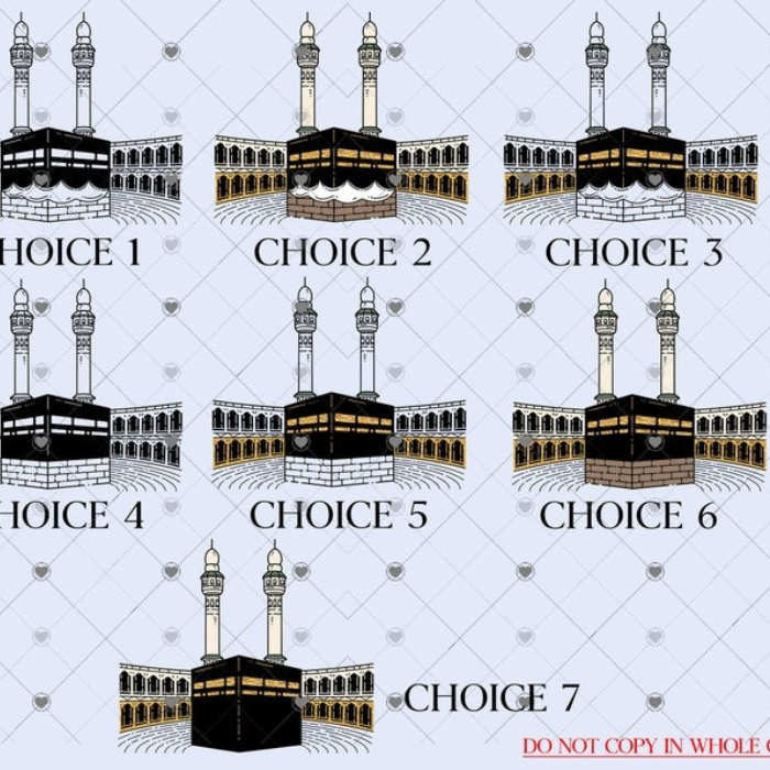 A selection of Kaaba illustrations labeled as choices 1-7, showcasing different artistic representations of the sacred site.