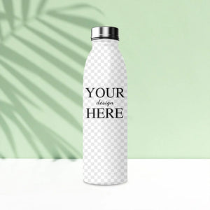 White stainless steel custom water bottle with placeholder text, showcasing design personalization potential