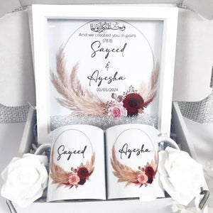 Luxury personalised couples hamper with 8x8 inch frame, 2 custom mugs, and white roses, packaged in a box.