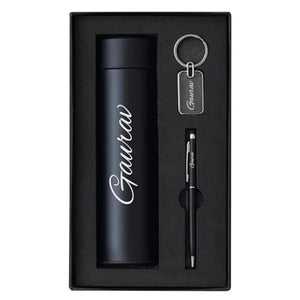 Personalized 3-in-1 executive gift set with stainless steel thermal bottle, metal keychain, and pen.