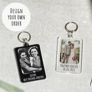Two custom photo keyrings, one featuring a black-and-white picture of two smiling sisters with the text "Sisters Best Friends Forever," and the other with a wedding couple captioned "Together Forever 20.04.2023."