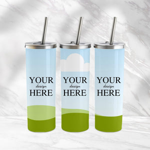 Customizable tumblers with a sleek design and vibrant blue-green template, ideal for hot and cold beverages .