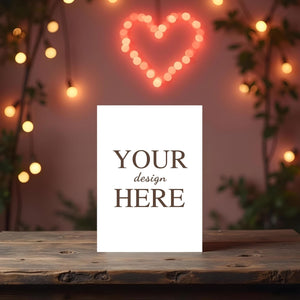 Romantic card mockup with the placeholder text 'Your Design Here,' displayed on a wooden table with heart-shaped lights in the background.