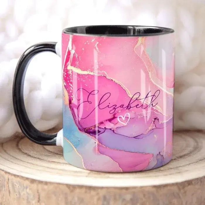 "Pink & Gold Marble Mug – Personalized Name Coffee Cup for Her"