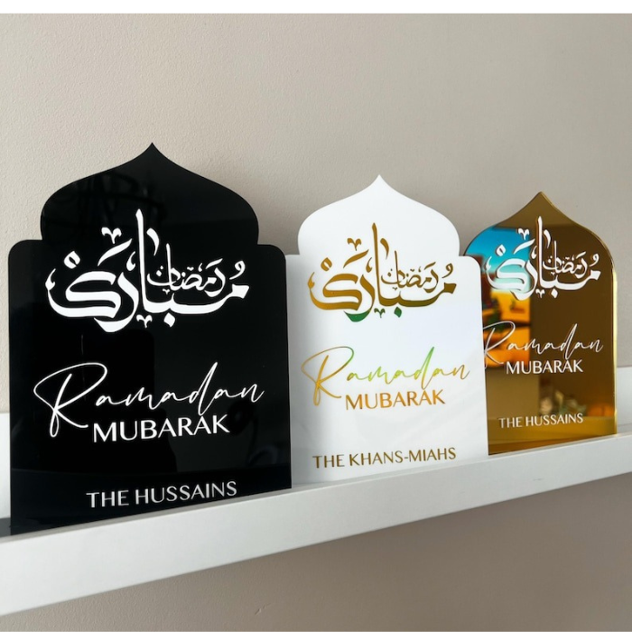 Personalized Ramadan Acrylic Sign featuring "Ramadan Mubarak" in elegant Arabic calligraphy with family names.