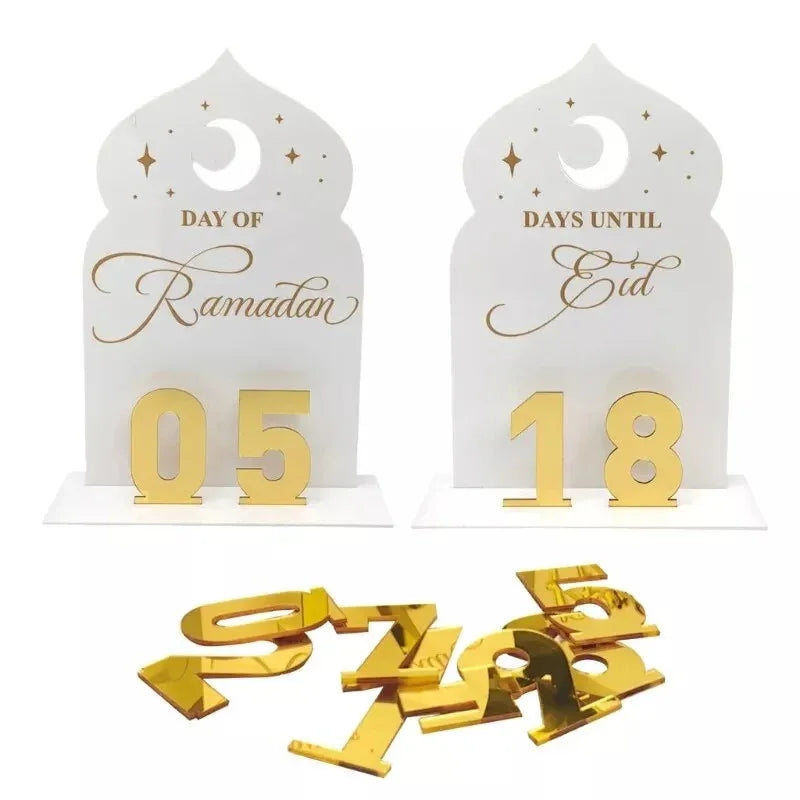 Ramadan Advent Calendar with 30-day countdown, featuring Eid Mubarak design with gold numbers on acrylic stands.