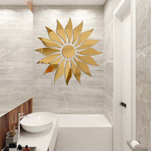 gold Sunflower acrylic mirror with a mirror-like effect, displayed on a white wall with decorative elements