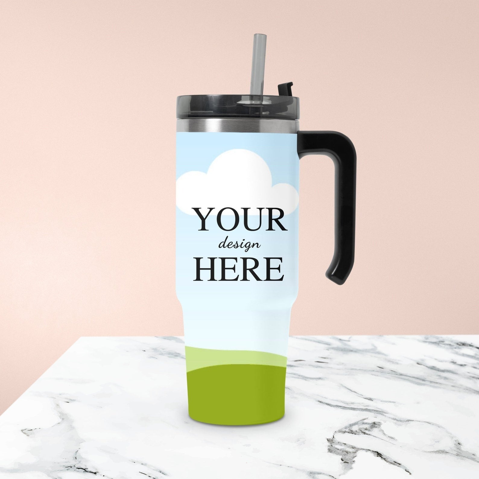 Customizable travel mug showcasing a sublimation-ready template, ideal for hot and cold beverages on the go.
