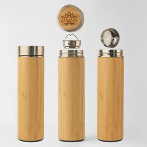 Bamboo Stainless Steel Tumbler with Lotus Engraving and Tea Infuser