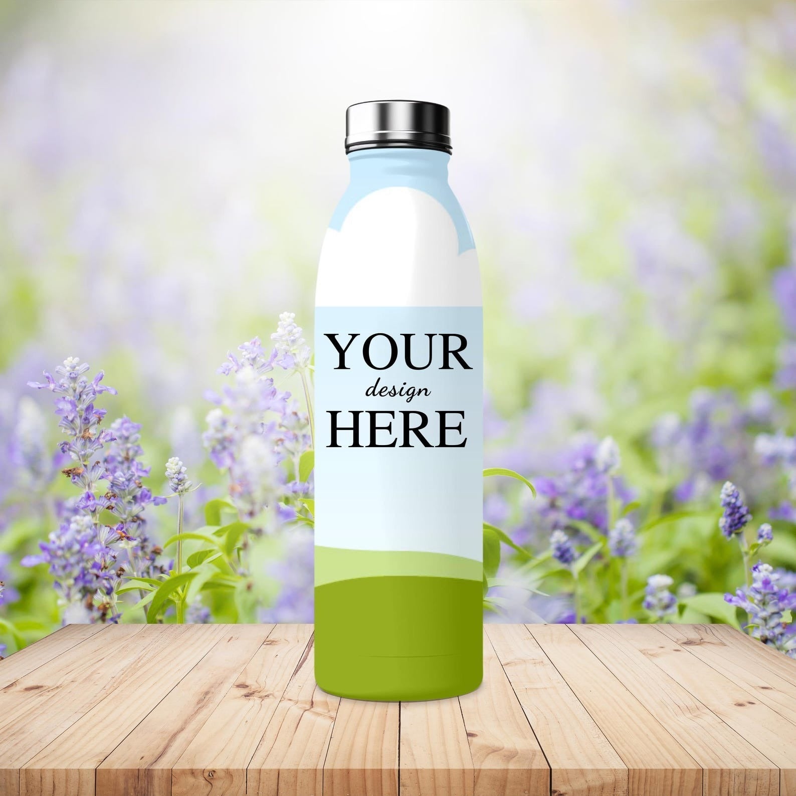 Customizable drink bottle with sublimation-ready design, showcasing a clean and eco-friendly aesthetic.