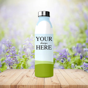 Customizable drink bottle with sublimation-ready design, showcasing a clean and eco-friendly aesthetic.