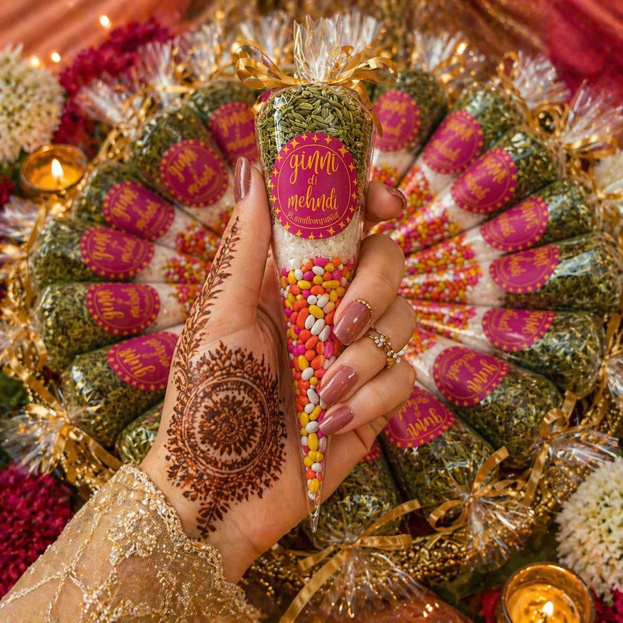 Personalized wedding sonf cones favor Pakistan - mehndi baati pakki giveaway Gift Studio