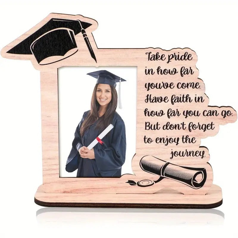 Isolated wooden graduation photo frame with "Take Pride" inspirational quote and cap design, featuring a graduate photo and diploma illustration