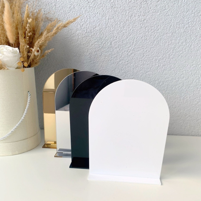 Set of acrylic arch blank signs in gold, black, white, and clear, ideal for weddings, events, and DIY signage.