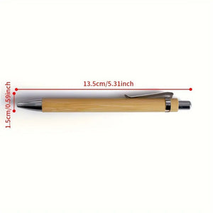 A bamboo wood ballpoint pen with dimensions marked, indicating its length of 13.5cm (5.31 inches) and width of 1.5cm (0.59 inches).