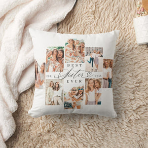 Best Sister Ever Photo Collage Throw Pillow with custom photos and "EST. 20XX" text