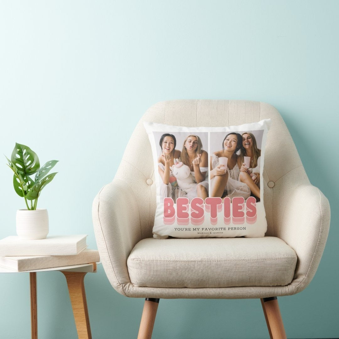 Besties Photo Cushion with personalized photos and 'Besties' text on pink couch