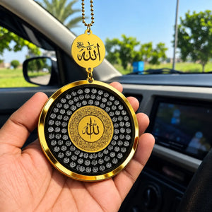 Black Islamic car hanging with 99 Names of Allah, Ayatul Kursi and Safar Ki Dua on rear-view mirror