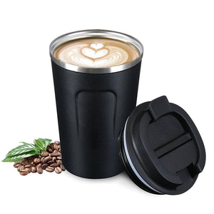Black stainless steel coffee mug with a removable lid, featuring a heart-shaped latte art design.