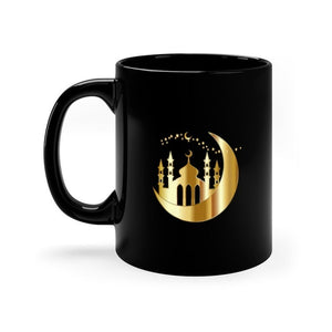 Ramadan Moon and Mosque Mug with golden crescent moon and mosque design, perfect for Ramadan.