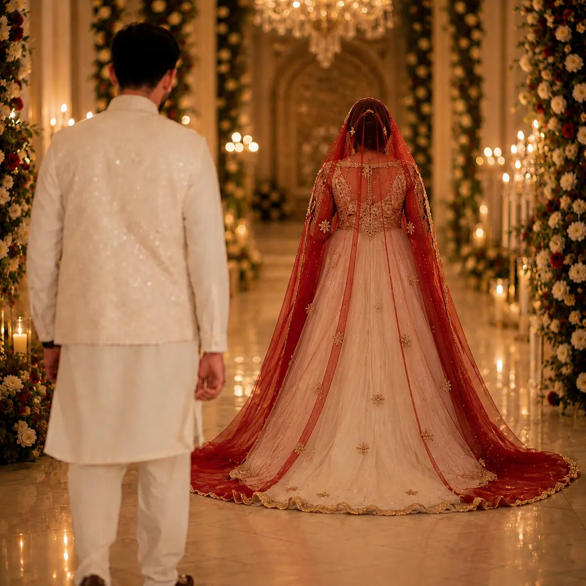 Mehroon bridal tail dupatta styled for Nikkah entrance