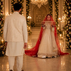 White bridal tail nikkah dupatta with long trail