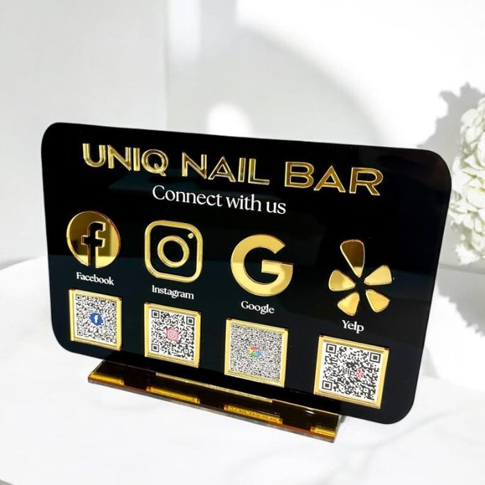 Premium acrylic QR code business display sign with gold text and icons, perfect for salons, cafes, and retail shops to enhance social media presence.