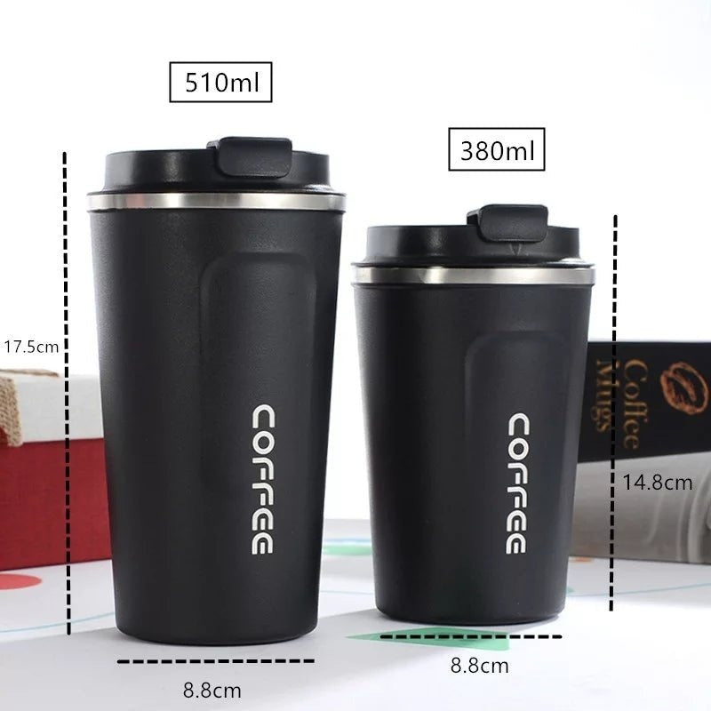 Close-up view of the stainless steel coffee mug interior, highlighting its smooth finish, leak-proof lid, and non-slip base.