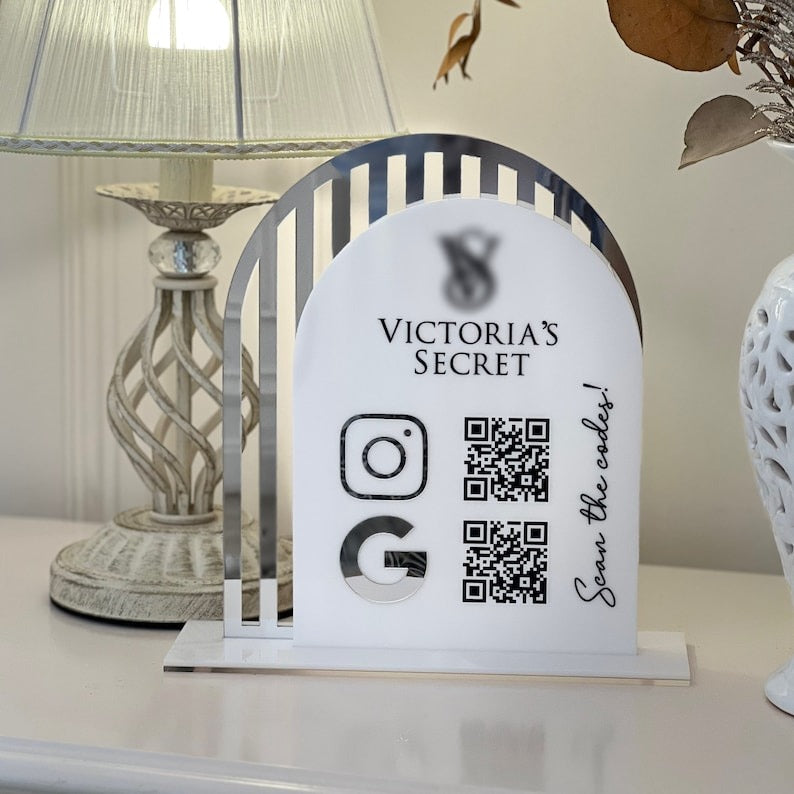 Elegant custom acrylic QR code sign for businesses, featuring Instagram and Google icons, designed for salons, restaurants, and retail stores to enhance social media engagement.