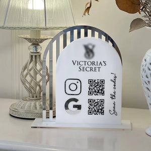 Elegant custom acrylic QR code sign for businesses, featuring Instagram and Google icons, designed for salons, restaurants, and retail stores to enhance social media engagement.