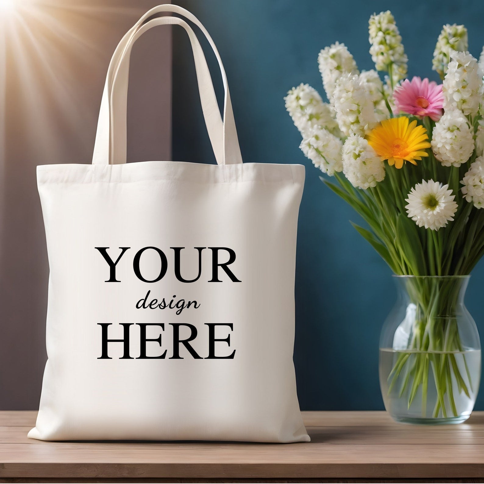 Reusable canvas tote bag with customizable text, showcased near a window with natural light and a vase of white flowers for a cozy aesthetic