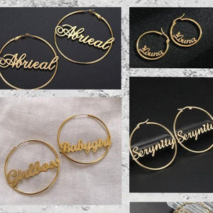 Custom Name Earrings collection with personalized names like Abriel and Serenity, gold hoop jewelry, stylish gift from Gift Studio Pakistan