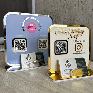 personalized acrylic QR code display stand with 3D lettering and a built-in business card holder. Perfect for businesses, salons, and event marketing.
