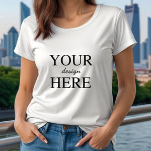 Customized white t-shirt with 'Your Design Here' printed, styled on a model with a city skyline background