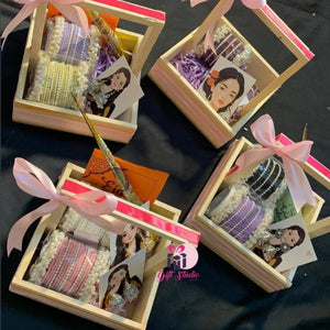 Eid Bangles Basket in a wooden crate with colorful bangles and flowers